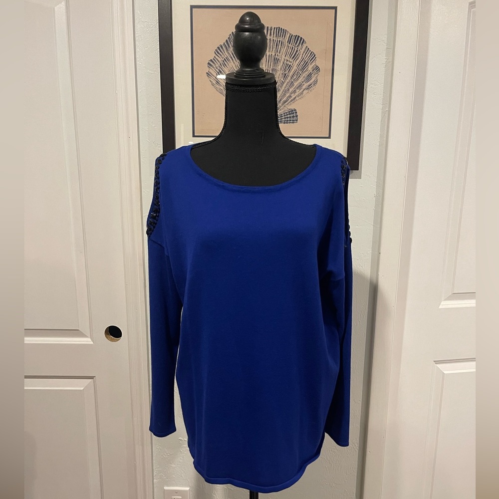 Blue Shoulder Cut Out Long Sleeve Top